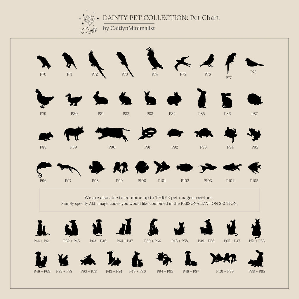 Silhouettes of birds, reptiles, rodents, fish, dogs, cats, and rabbits form a grid—ideal inspiration for a personalized Skinny Pet Ring to celebrate your furry or feathered friends with dainty style.