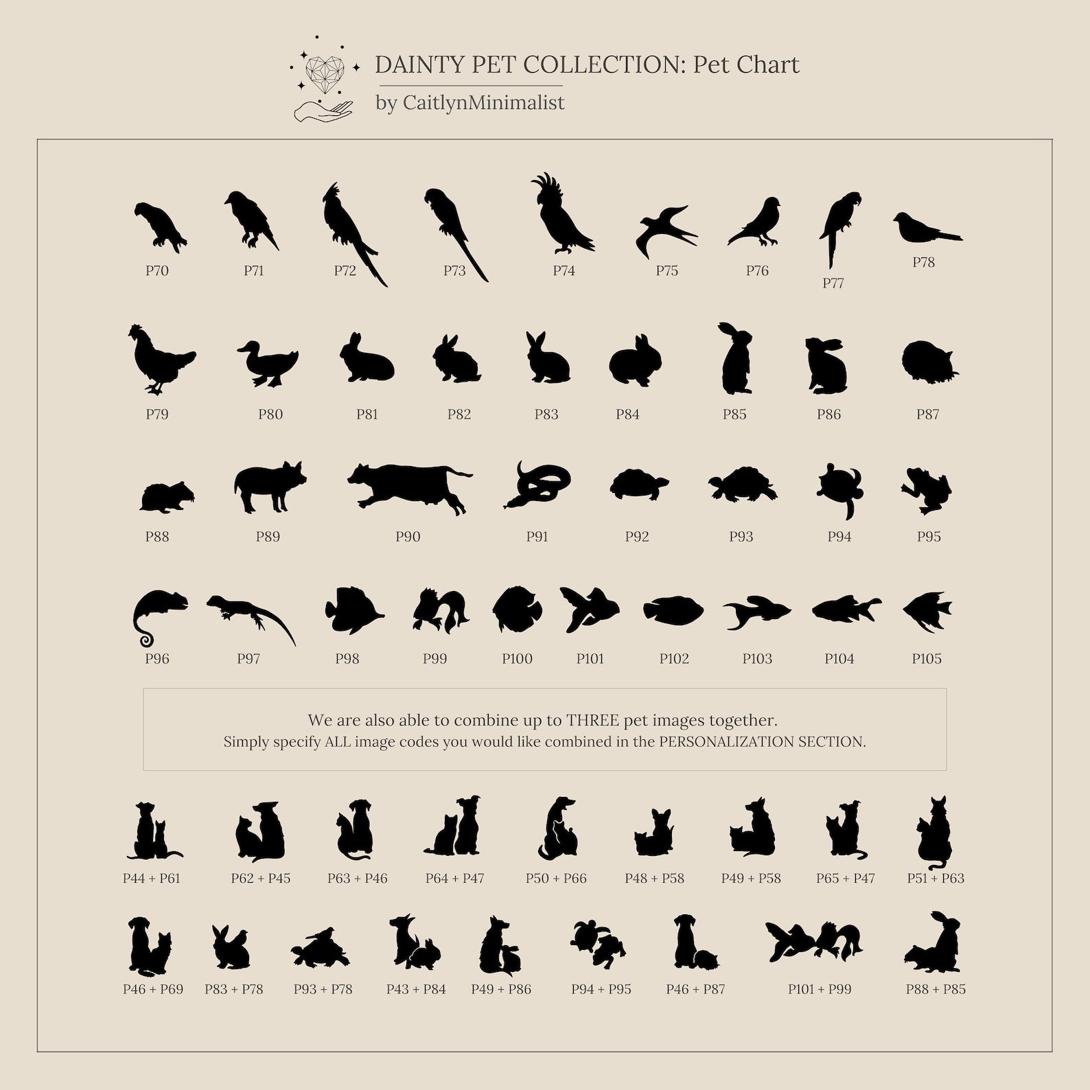 Silhouettes of birds, reptiles, rodents, fish, dogs, cats, and rabbits form a grid—ideal inspiration for a personalized Skinny Pet Ring to celebrate your furry or feathered friends with dainty style.