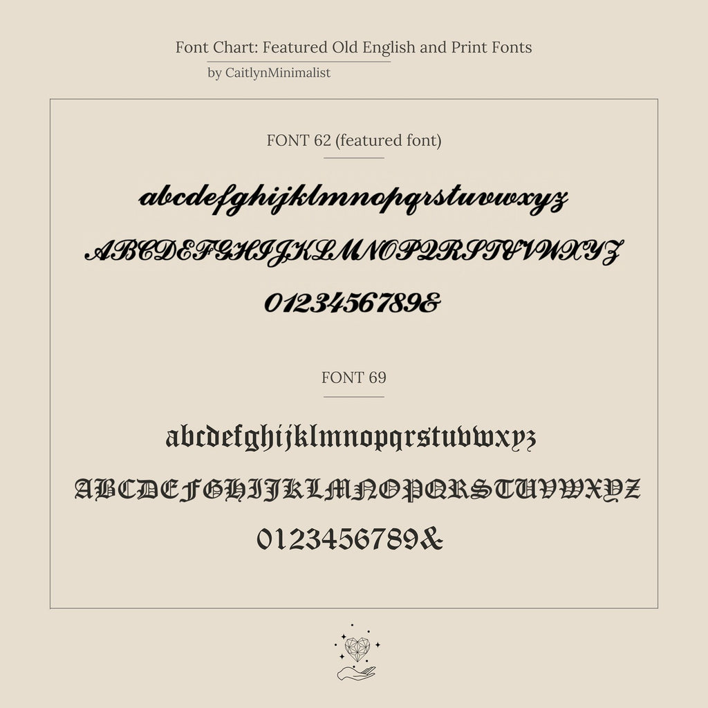 Font chart displaying two Old English fonts with uppercase, lowercase, and numbers—ideal for designing a personalized Carrie Mini Tag Necklace.