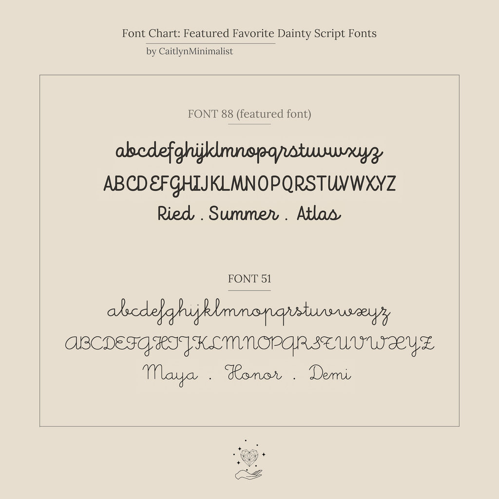 Font chart featuring two dainty script fonts—each with clear uppercase and lowercase samples and names—perfect for custom Petite Tiny Multiple Name Bracelet designs and minimal jewelry lovers.