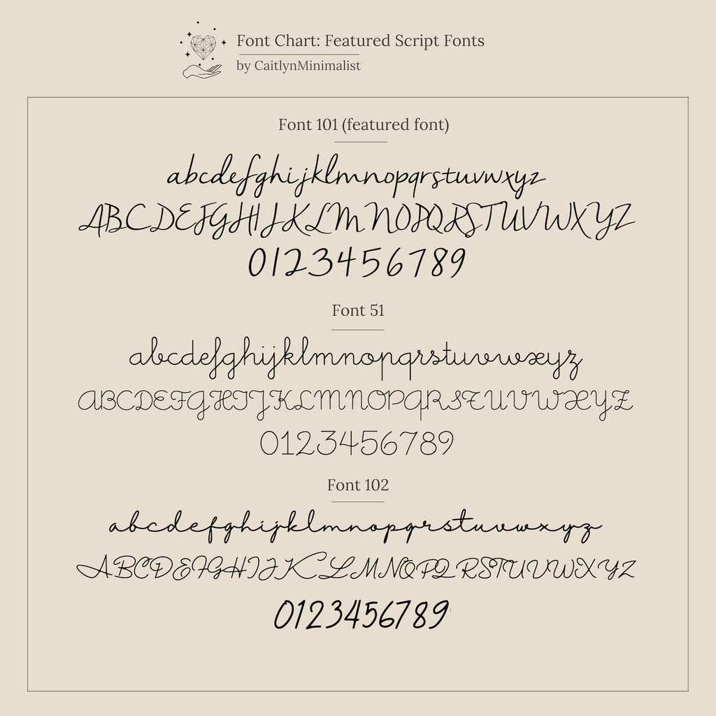 A font chart displays three elegant script fonts with uppercase, lowercase, and numbers—ideal for designing the Nella Duo Initial Ring or other personalized jewelry as a unique anniversary gift.