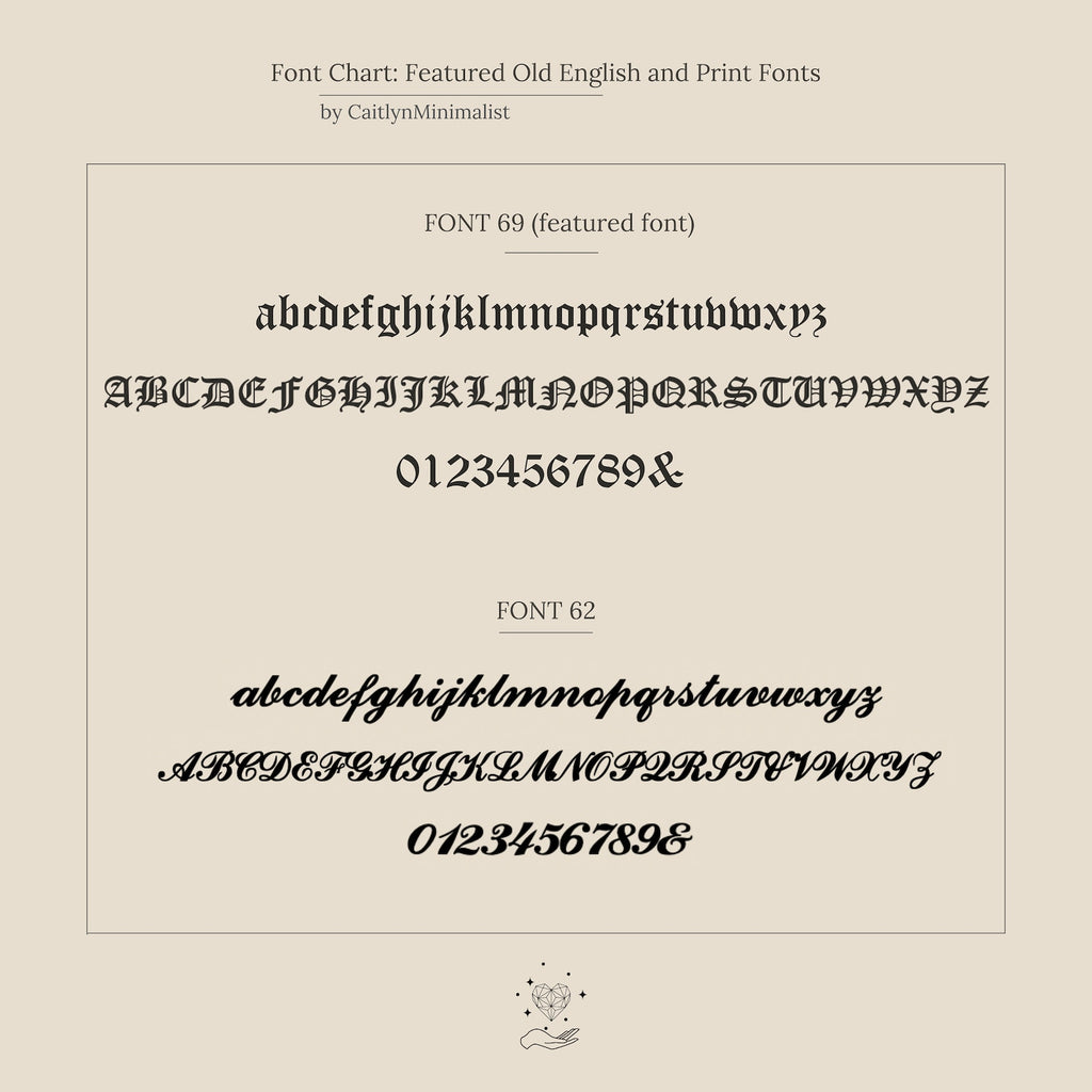 Font chart displays two Old English and print fonts with uppercase, lowercase, and numbers—ideal for personalizing your Old English Mini Tag Necklace or other initial necklaces.