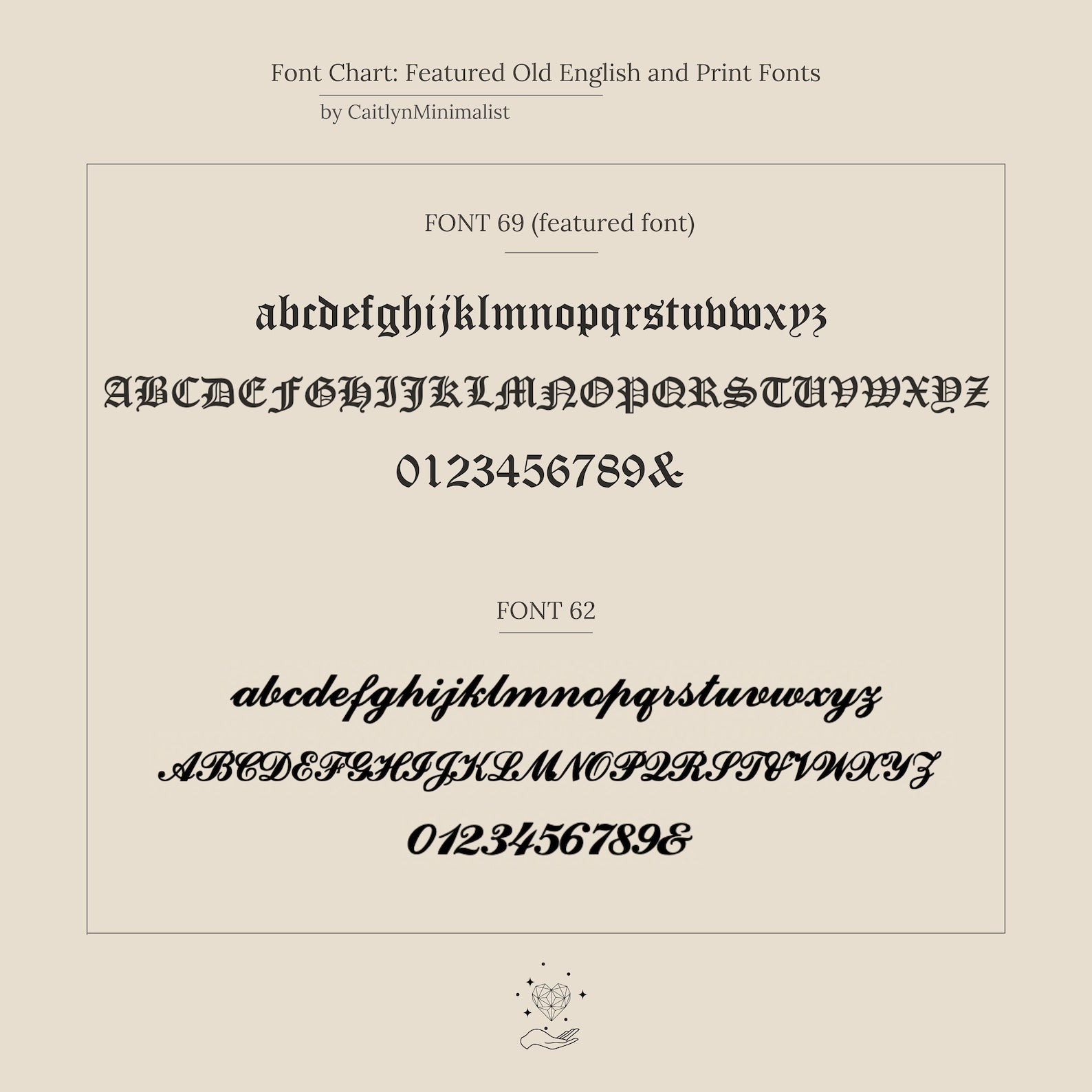 Font chart displays two Old English and print fonts with uppercase, lowercase, and numbers—ideal for personalizing your Old English Mini Tag Necklace or other initial necklaces.