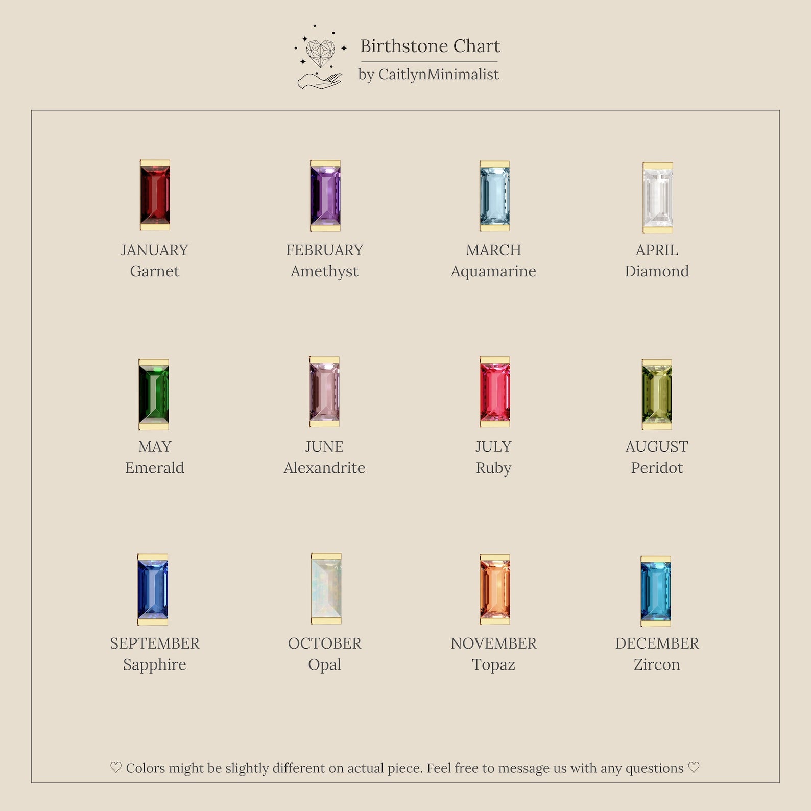CaitlynMinimalist birthstone chart featuring baguette-cut gemstones for each month, from January Garnet to December Zircon.