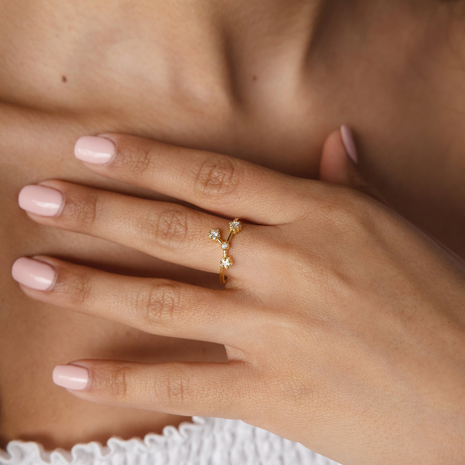A hand with light pink nails wears the Constellation Ring on the ring finger, showcasing gold and small star-shaped accents for a celestial jewelry style.