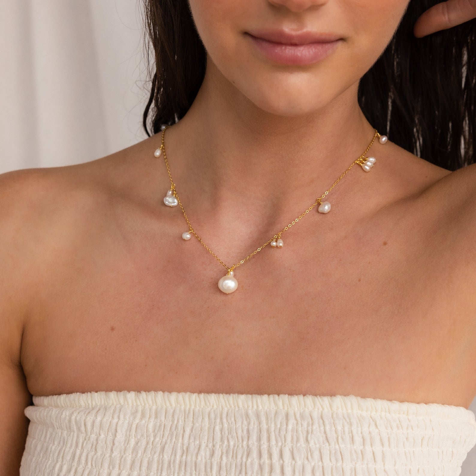 Gold Plated Silver Multi Pearl Drop Necklace | Jewellerybox.co.uk