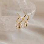 The Flower Pearl Drop Earrings feature clusters of small white pearls, capturing vintage charm and elegance, beautifully presented on a translucent textured surface.