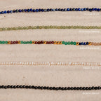 Boho Beaded Necklaces in five rows: blue, green, multicolor, white, and black. Perfect for summer outfits or layering to create your unique style. Each row is labeled with its color name.