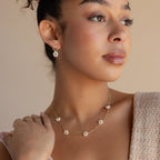 Woman wearing Flower Pearl Drop Earrings, gazing to the side against a soft, neutral background.