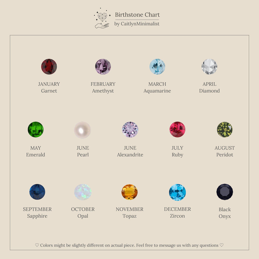 A chart displays each month's birthstone with gemstone colors, names, and Halo Birthstone Studs earrings on a beige background.