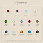 A chart displays each month's birthstone with gemstone colors, names, and Halo Birthstone Studs earrings on a beige background.