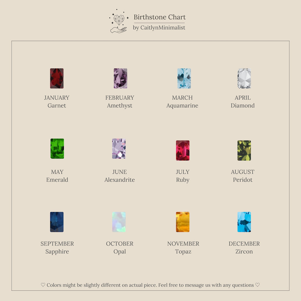 A minimalist birthstone chart showcases gems for each month, making it easy to select Emerald Birthstone Studs—ideal personalized earrings and thoughtful gifts for any special occasion.
