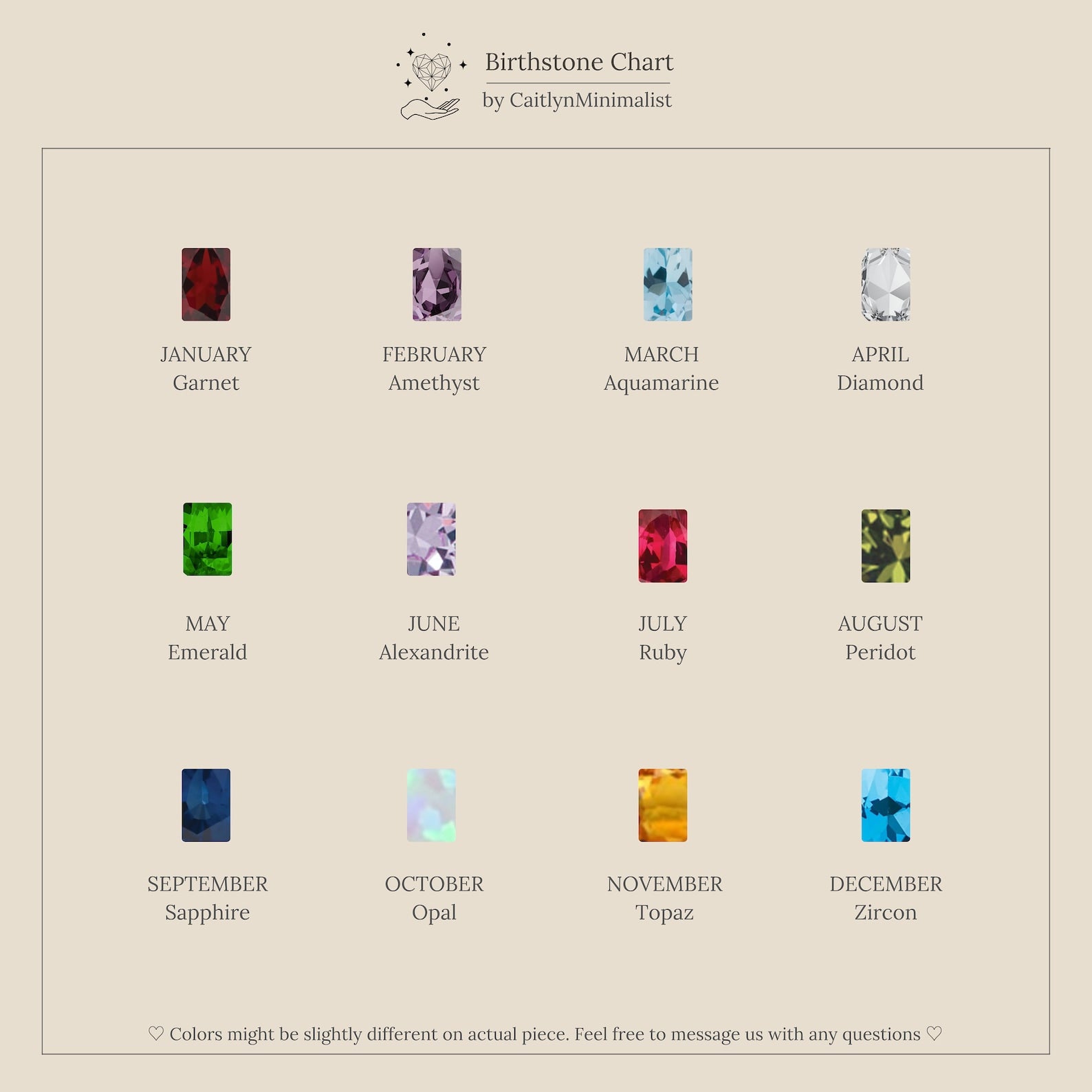 A minimalist birthstone chart showcases gems for each month, making it easy to select Emerald Birthstone Studs—ideal personalized earrings and thoughtful gifts for any special occasion.