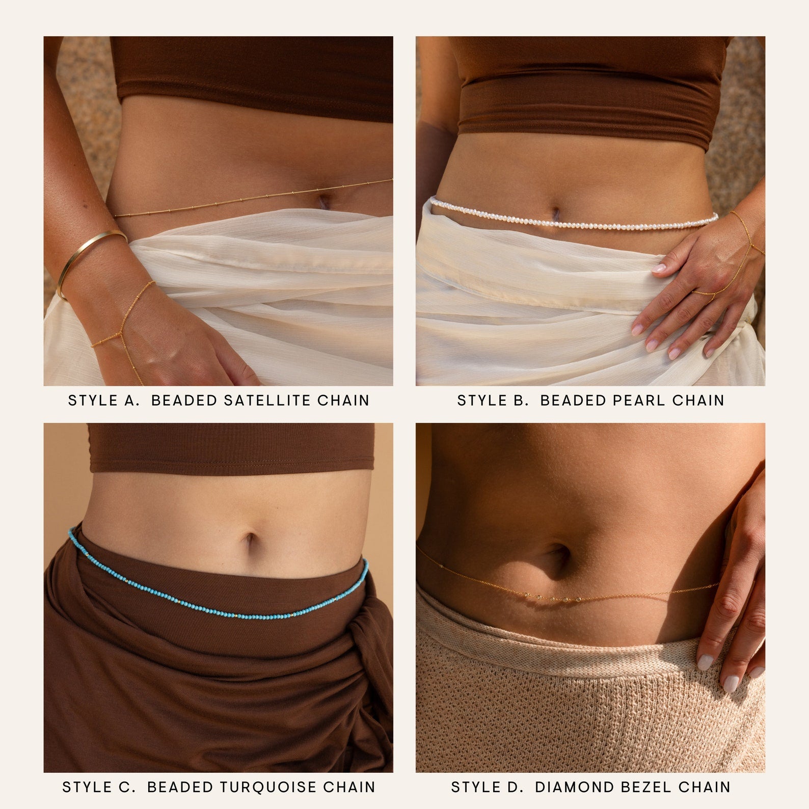Four close-up images display women's waists adorned with Beaded Belly Chains, highlighting delicate craftsmanship and radiating bohemian elegance.