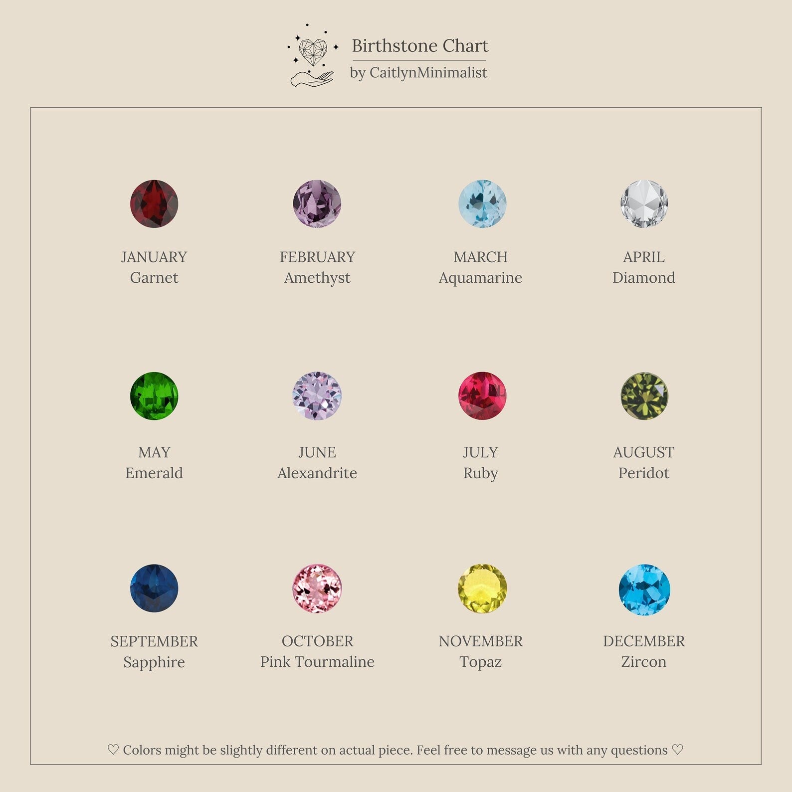 A 12-gem birthstone chart features each month's stone and name on a beige background—ideal for picking elegant earrings or perfectly matching your Vera Emerald Birthstone Huggies.