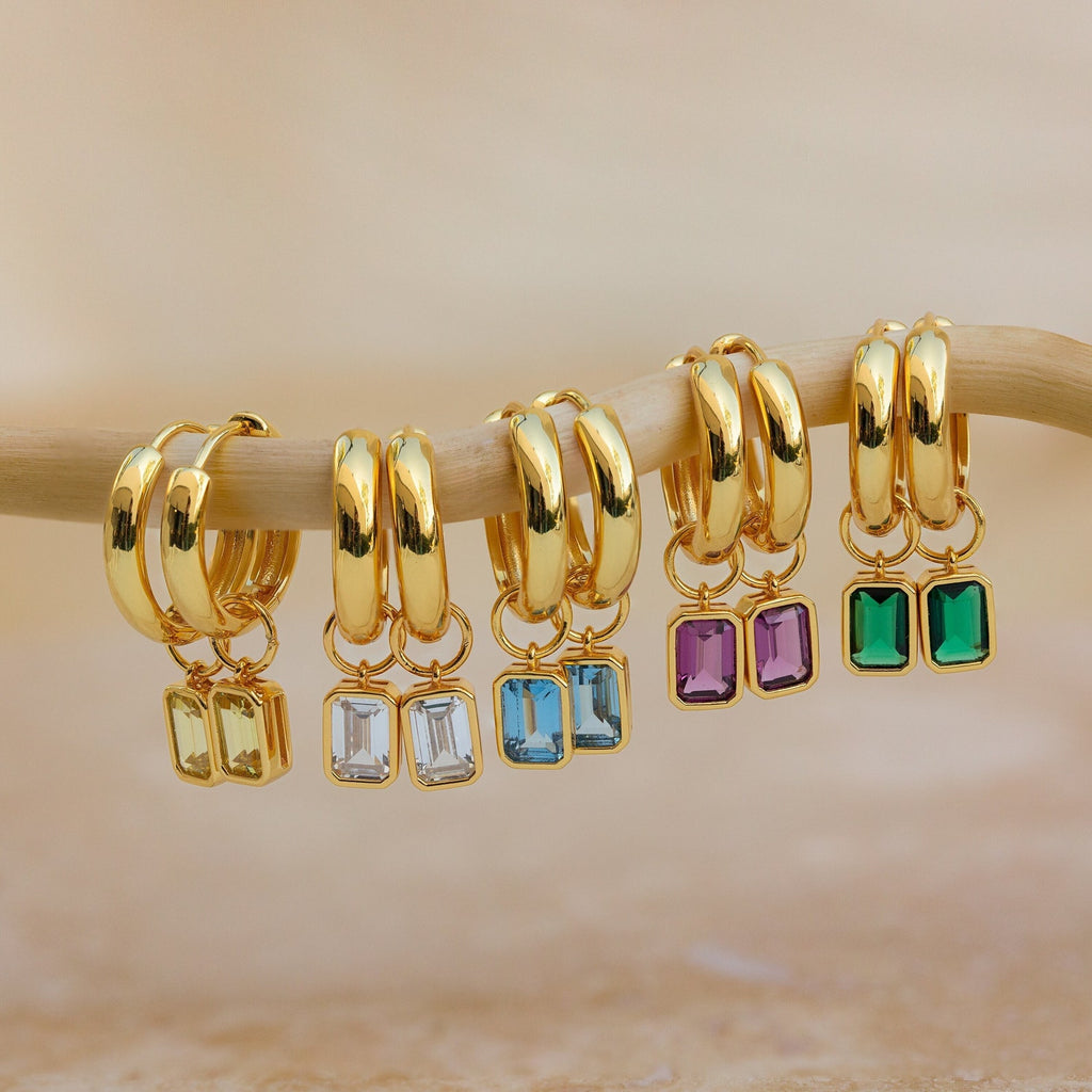 Six pairs of Dangling Emerald Birthstone Hoops featuring gold hoops with colorful, removable emerald-cut gemstone charms, elegantly displayed on a curved branch.