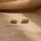 Two gold and turquoise dainty hoop earrings, called Green Opal Inlay Huggies in 8.5mm and 10mm sizes, are displayed on a beige surface.