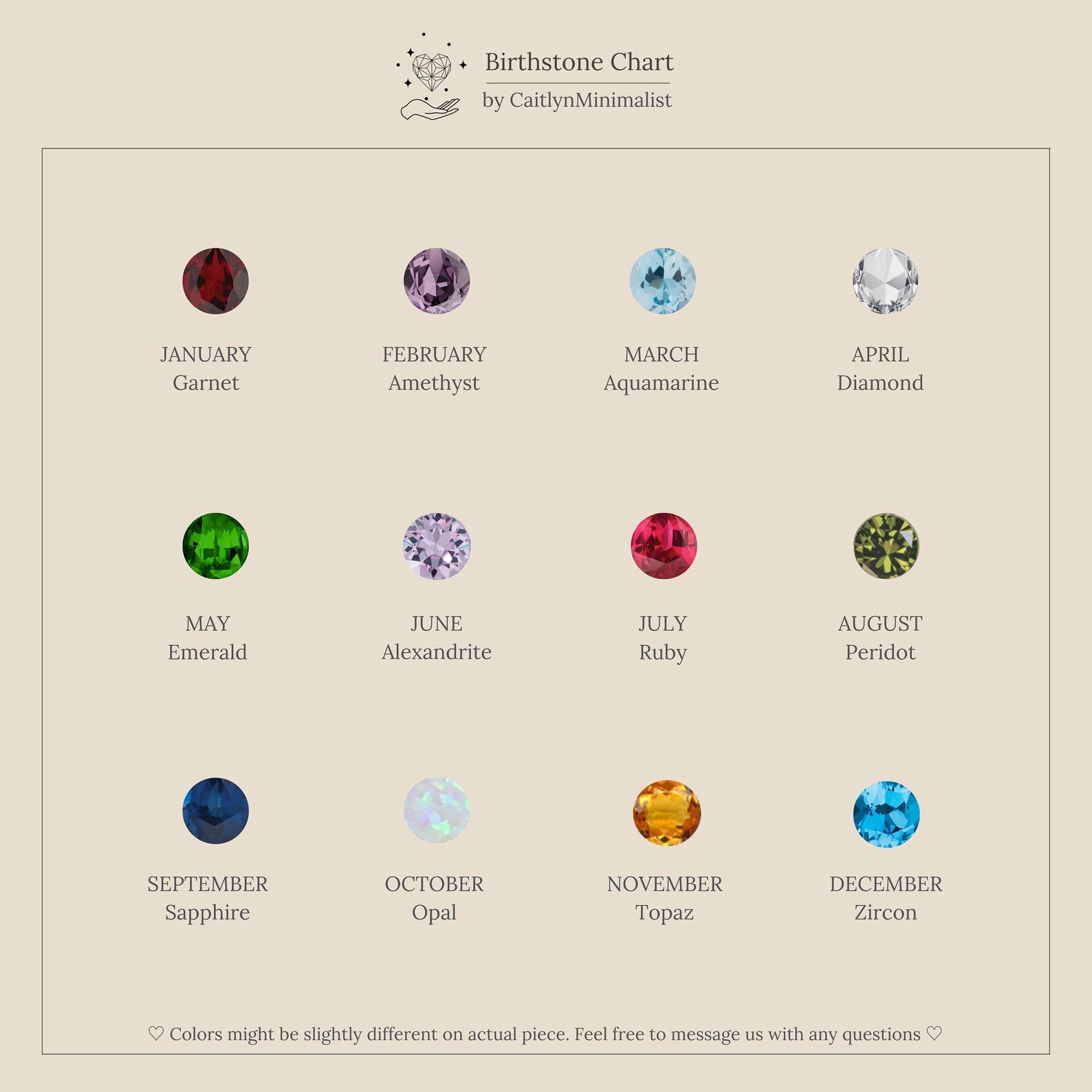 A chart of birthstones by month shown as gemstones on a beige background—perfect inspiration for birth month jewelry and dainty earrings like our Birthstone Drop Studs.