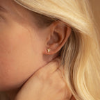 Close-up of a woman's ear wearing Dainty Opal Teardrop Studs, as her hand gently touches her neck.