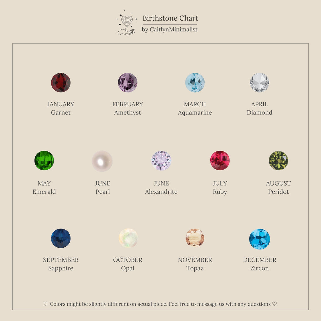 A minimalist birthstone chart displays each month’s gem with its name and color on beige—a perfect inspiration for Bella Birthstone Studs, making a thoughtful personalized gift for mothers and daughters.