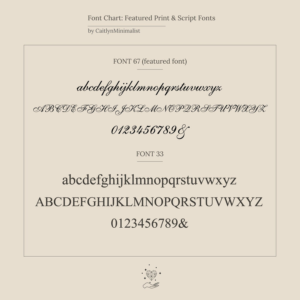Font chart displaying two fonts: a cursive style (Font 67) and a clean, sans-serif style (Font 33), perfect for customizing your Traditional Ribbed Initial Necklace.
