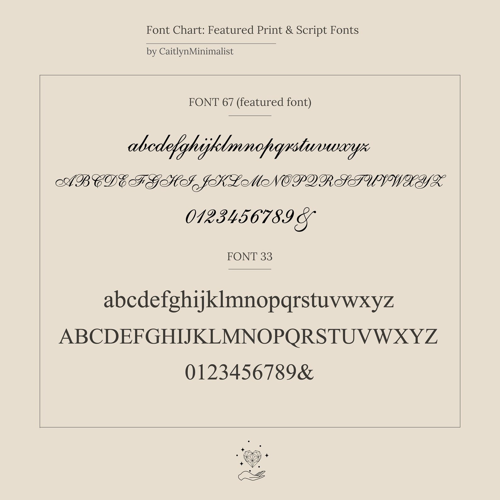 Font chart displaying two fonts: a cursive style (Font 67) and a clean, sans-serif style (Font 33), perfect for customizing your Traditional Ribbed Initial Necklace.
