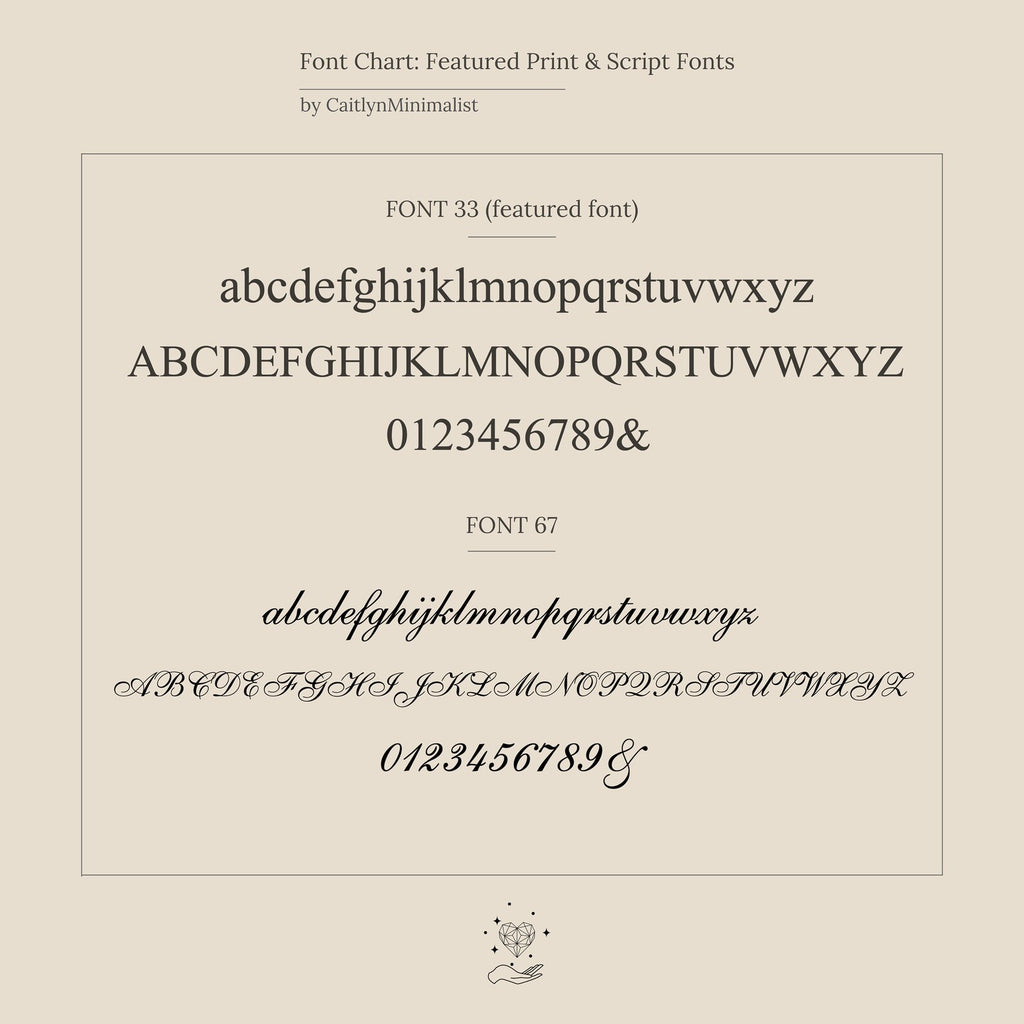 A font chart showing two featured serif and script fonts with uppercase, lowercase, and numbers—ideal for personalizing the Newsletter Ribbed Initial Necklace.