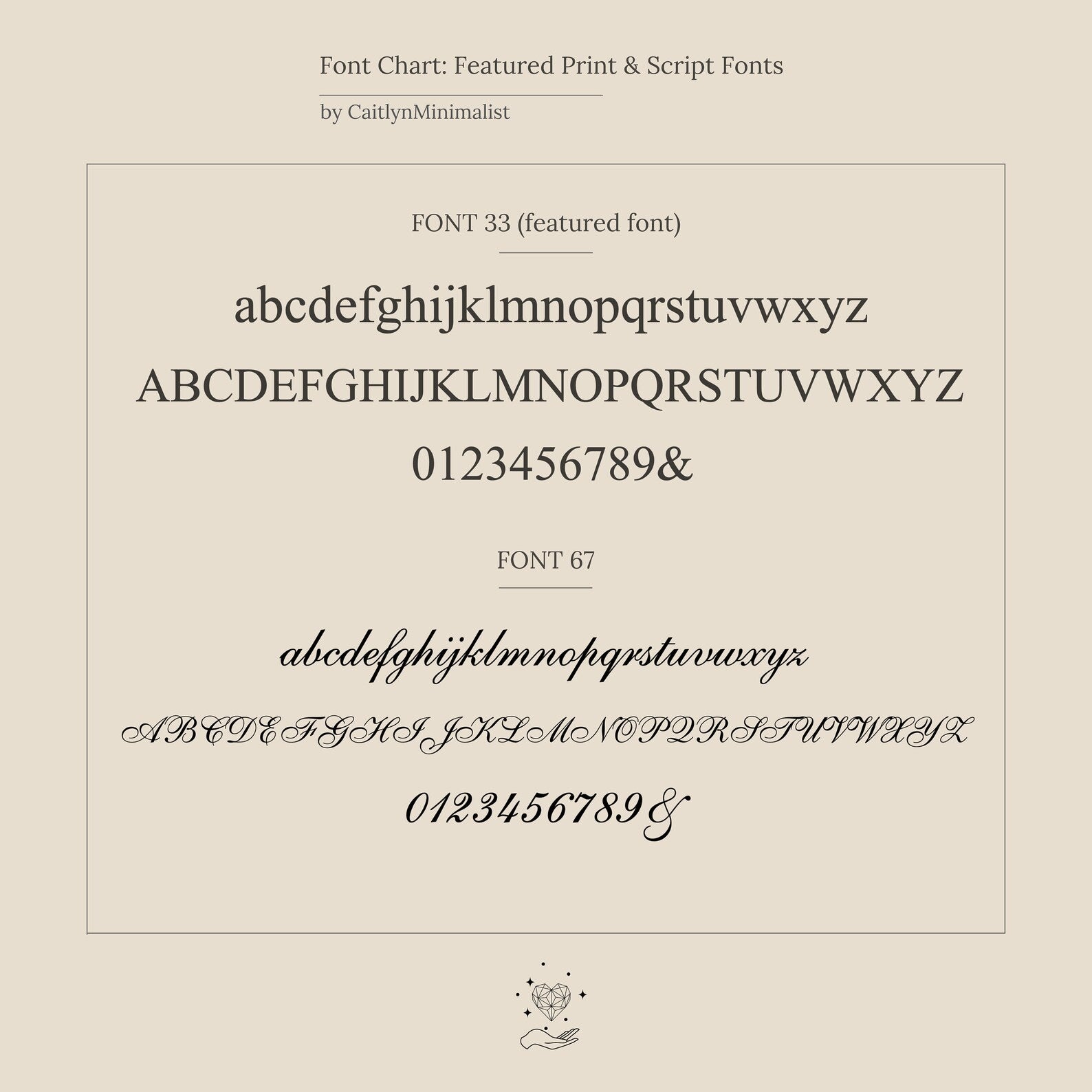 A font chart showing two featured serif and script fonts with uppercase, lowercase, and numbers—ideal for personalizing the Newsletter Ribbed Initial Necklace.