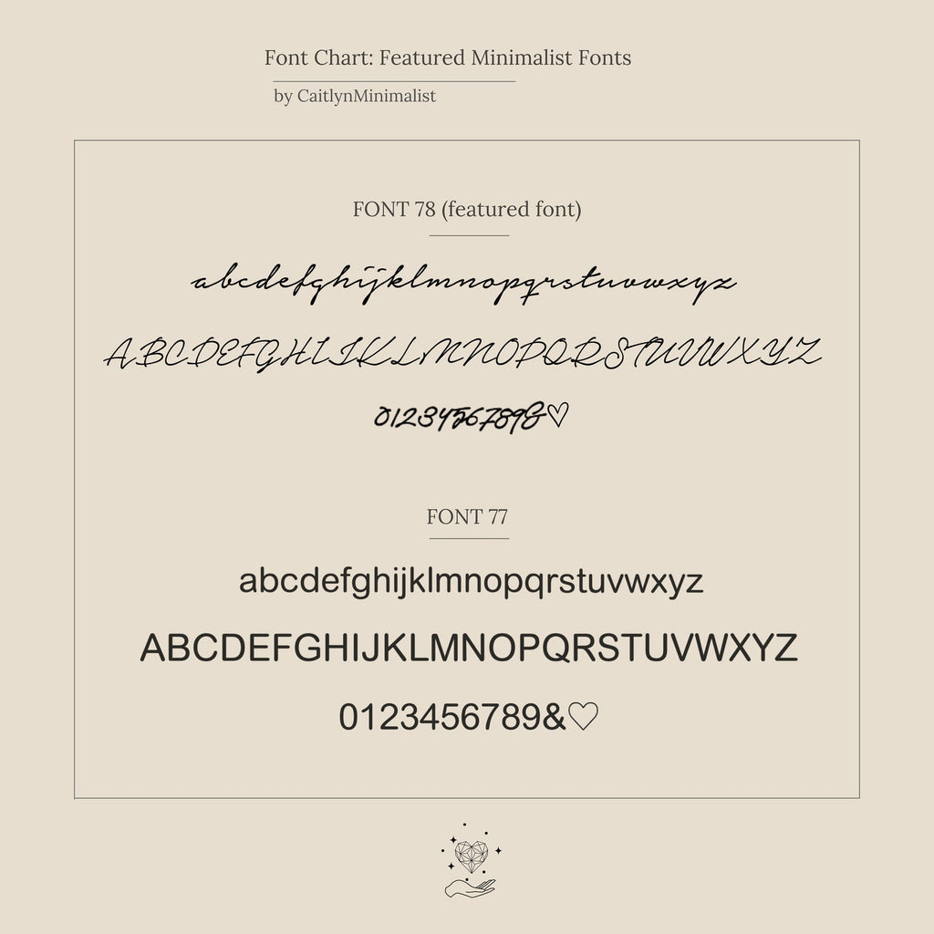 Chart showing two minimalist fonts—a cursive script (Font 78) and a clean sans-serif (Font 77)—ideal for personalizing your Sideways Initial Heart Necklace or any heart pendant necklace.