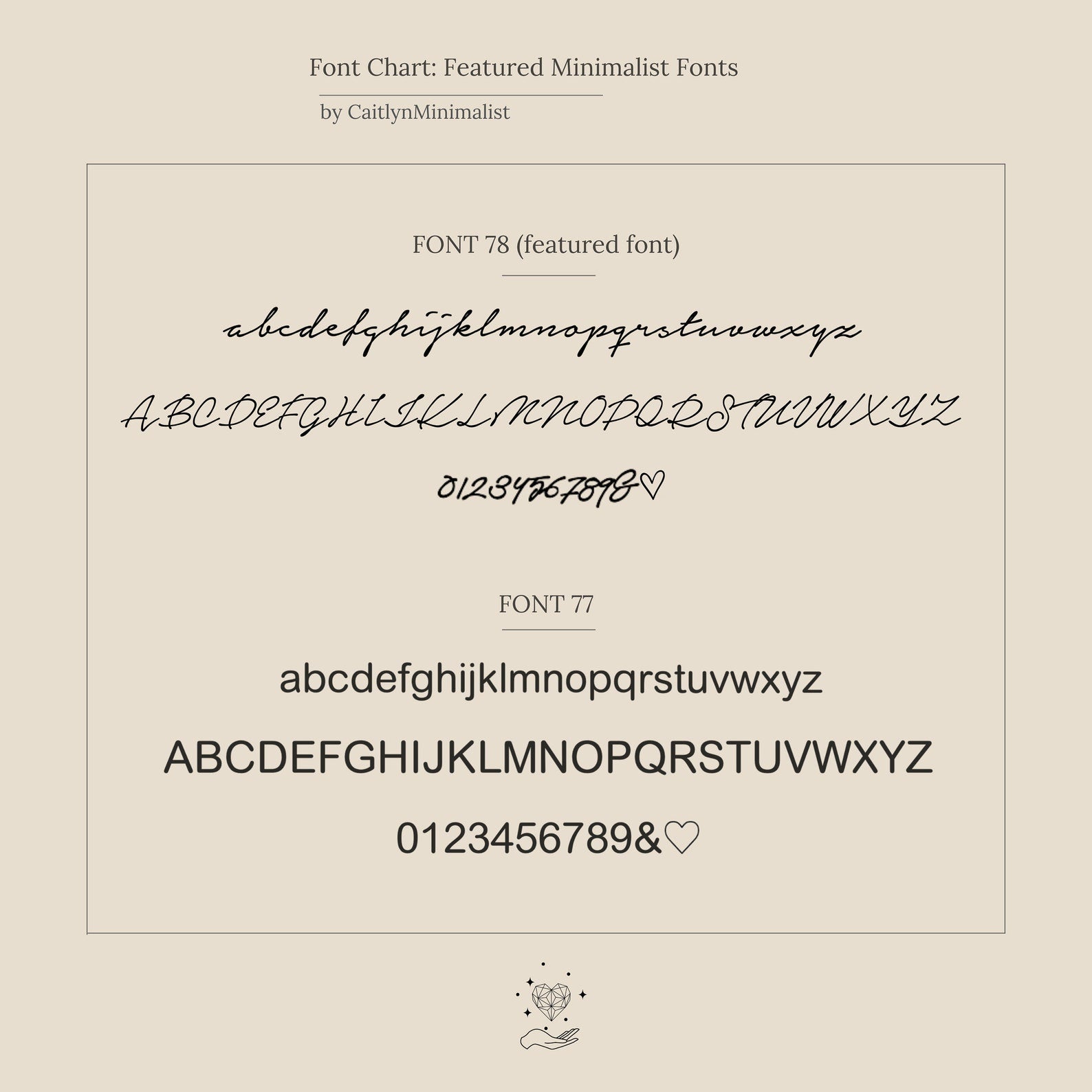 Chart showing two minimalist fonts—a cursive script (Font 78) and a clean sans-serif (Font 77)—ideal for personalizing your Sideways Initial Heart Necklace or any heart pendant necklace.