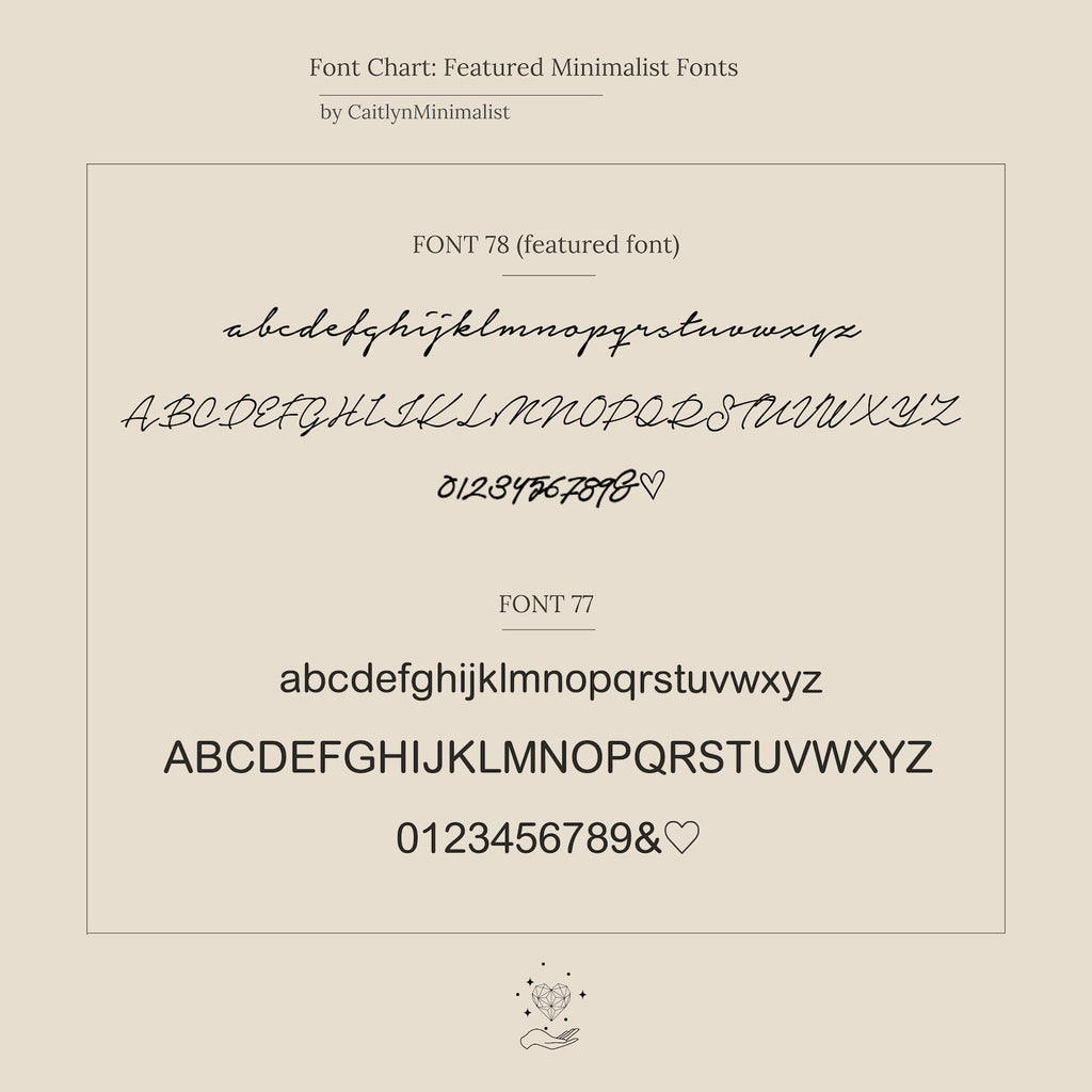 Minimalist font chart with two featured fonts—cursive and sans-serif—shows clear letters and numbers, ideal for customizing the Venice Sideways Initial Necklace with your chosen initials in a personalized style.