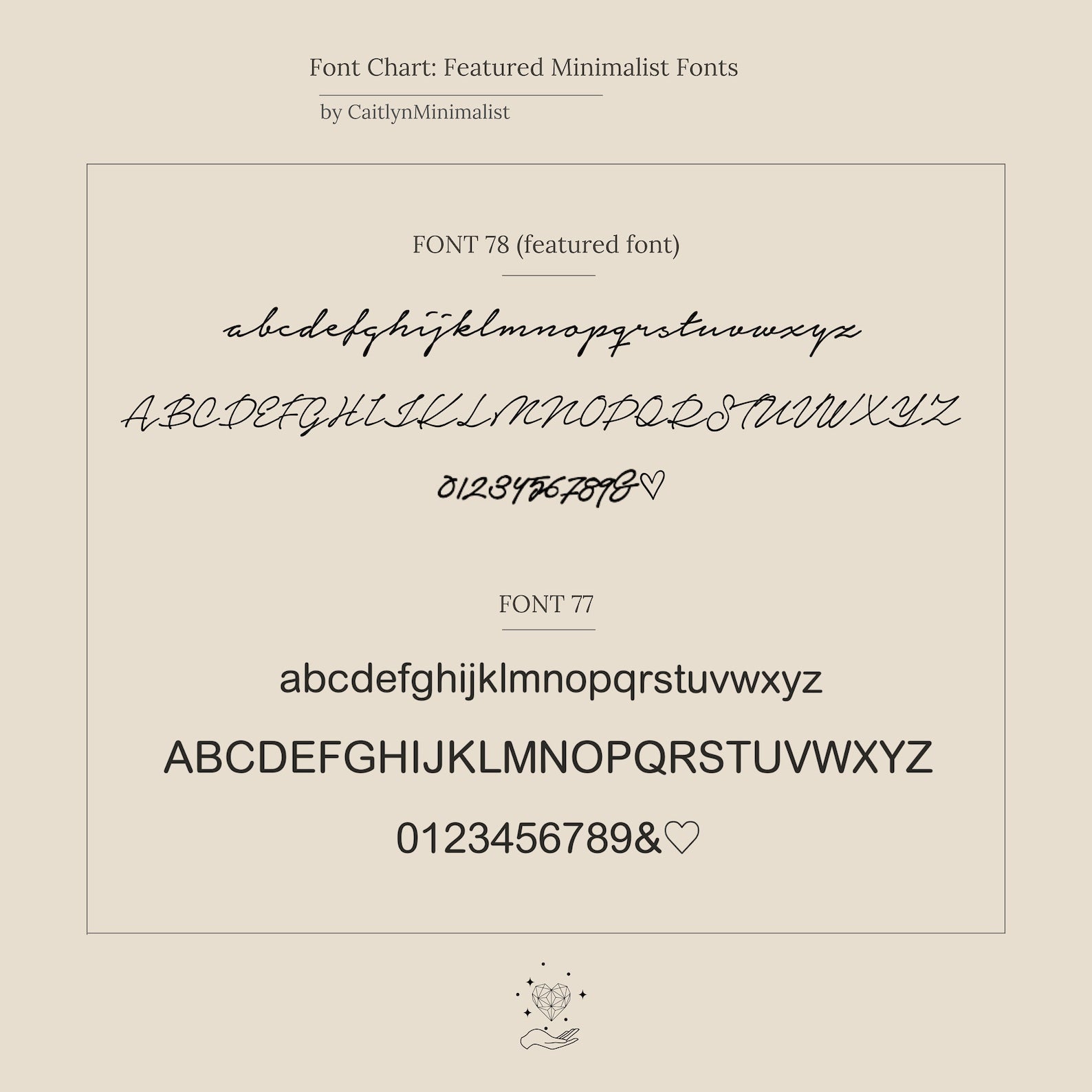 Minimalist font chart with two featured fonts—cursive and sans-serif—shows clear letters and numbers, ideal for customizing the Venice Sideways Initial Necklace with your chosen initials in a personalized style.