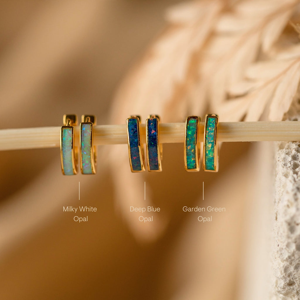 Opal Inlay Hoops Set: Three gold pairs with milky white, deep blue, and garden green opals—ideal for elegant wedding earrings or unique bridal jewelry. Each pair is beautifully labeled by color.