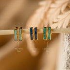 Opal Inlay Hoops Set: Three gold pairs with milky white, deep blue, and garden green opals—ideal for elegant wedding earrings or unique bridal jewelry. Each pair is beautifully labeled by color.