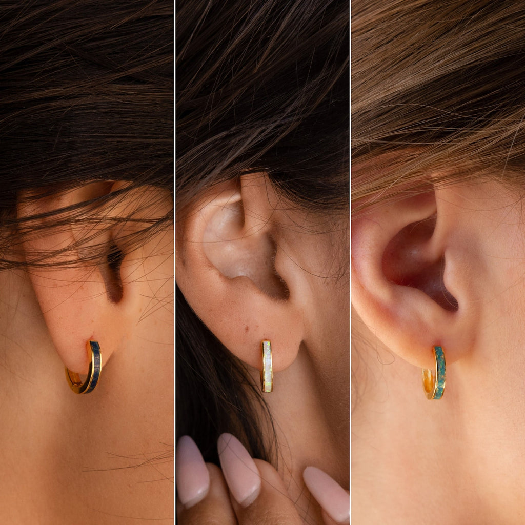 Three close-up views of a woman's ear wearing the Opal Inlay Hoops Set, featuring small gold hoops with colorful opal accents—ideal as wedding earrings or unique bridal jewelry.