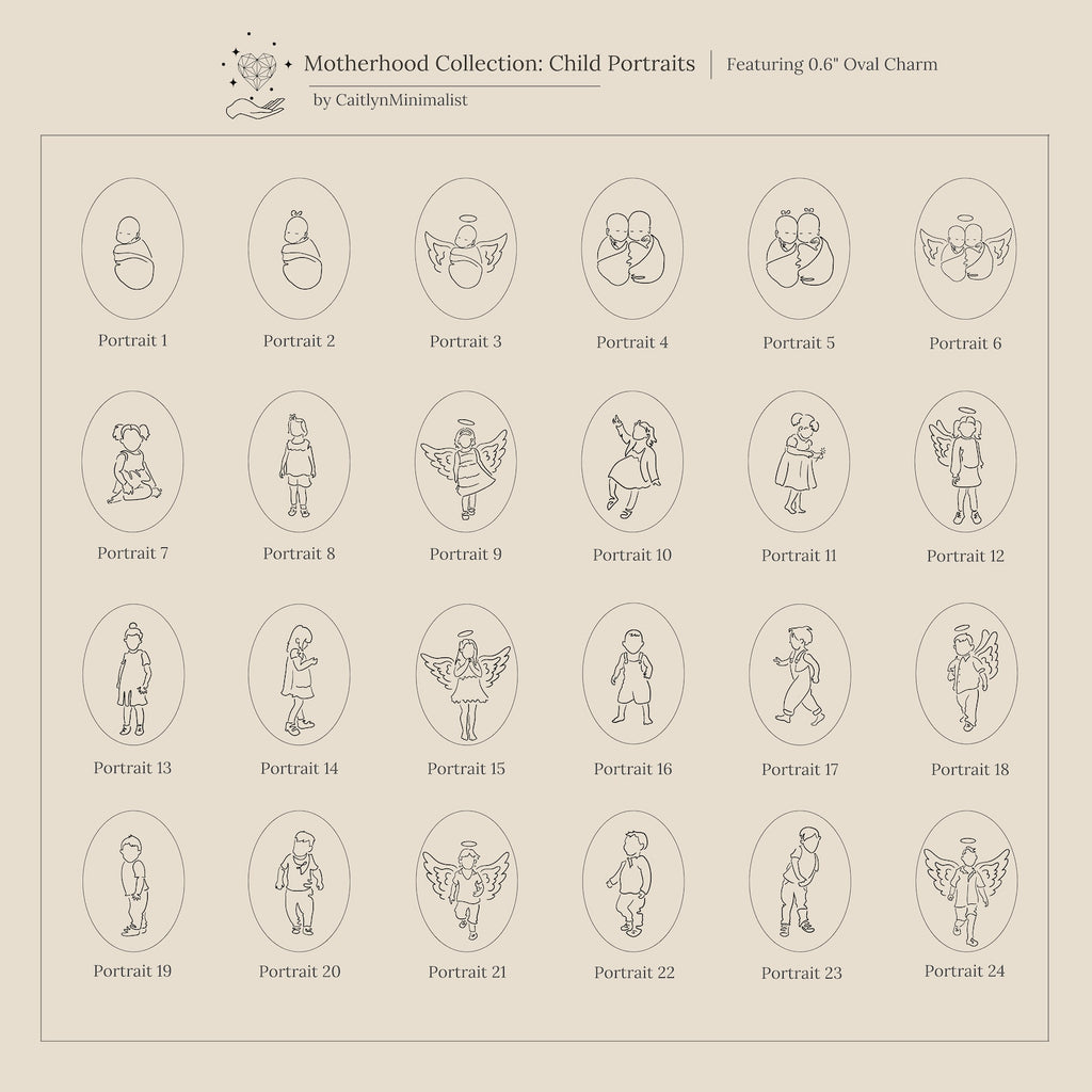 Grid of 24 minimalist line art portraits showing mothers with their children—perfect inspiration for the Child Portrait Necklace, a beautiful way to capture and engrave loving moments between mother and child.