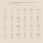 Grid of 24 minimalist line art portraits showing mothers with their children—perfect inspiration for the Child Portrait Necklace, a beautiful way to capture and engrave loving moments between mother and child.