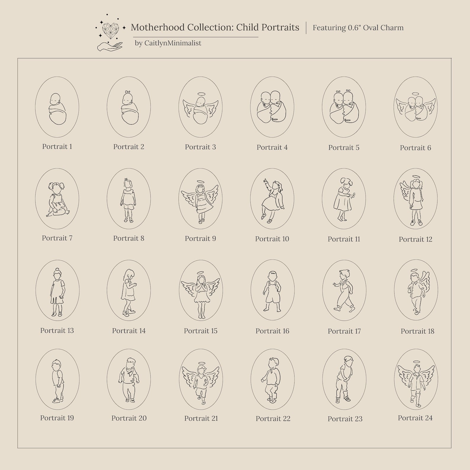 Grid of 24 minimalist line art portraits showing mothers with their children—perfect inspiration for the Child Portrait Necklace, a beautiful way to capture and engrave loving moments between mother and child.