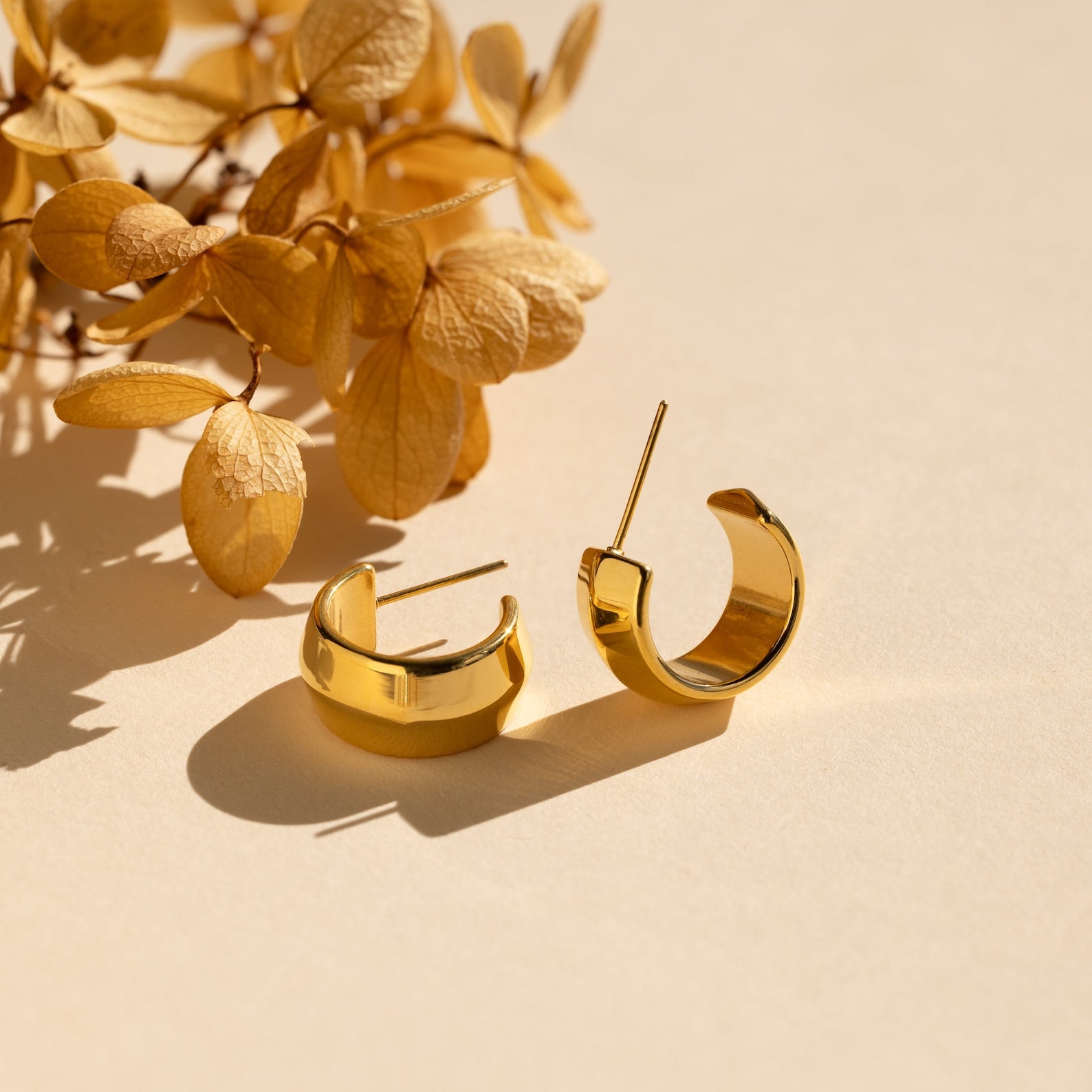Chunky Bold Hoops sit on a beige backdrop with dried hydrangea flowers, offering the perfect trendy earrings for statement jewelry lovers.
