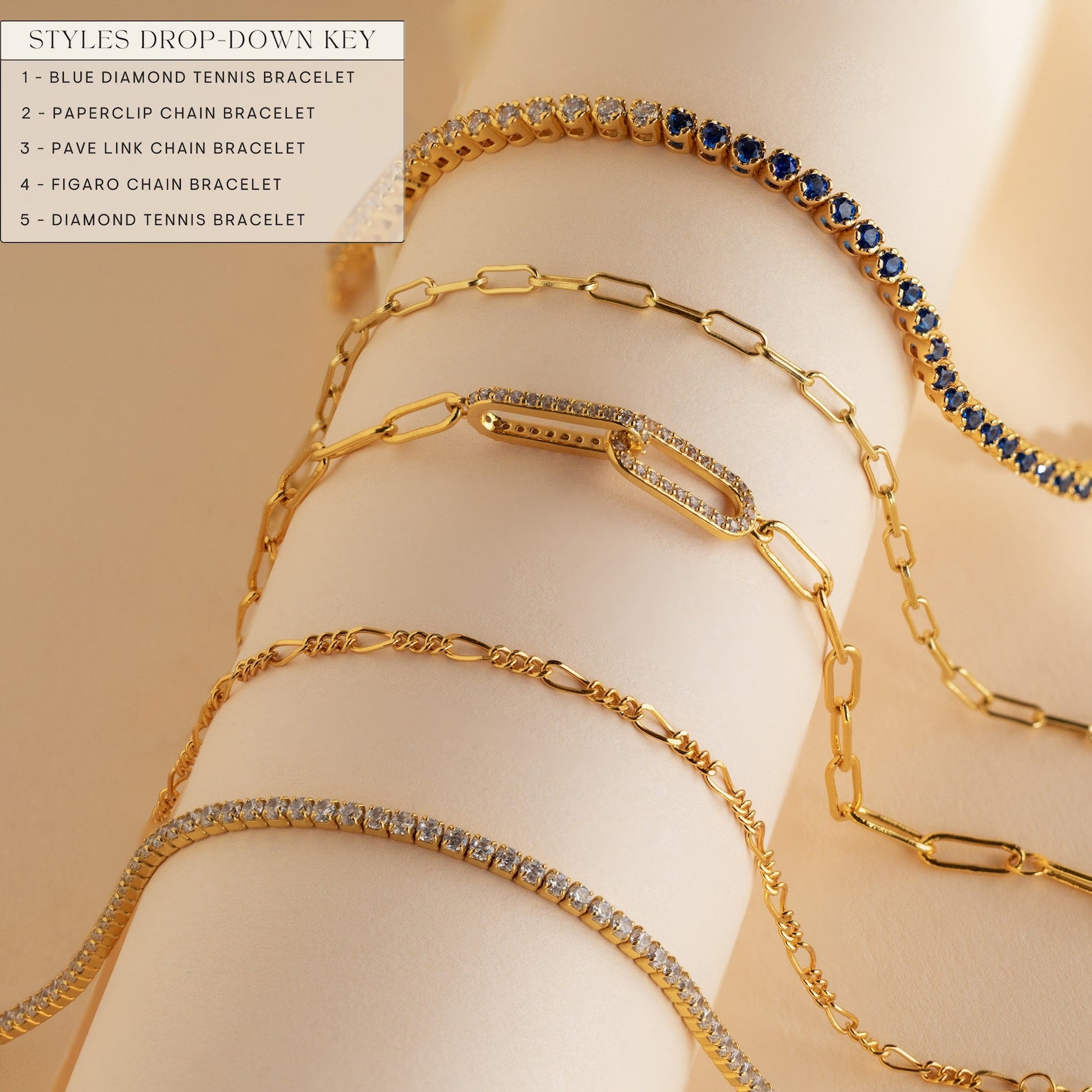 Five Must-Have Bracelet Chains—including tennis, paperclip, and adjustable chain styles in gold and diamond—are displayed on a beige cylindrical stand.
