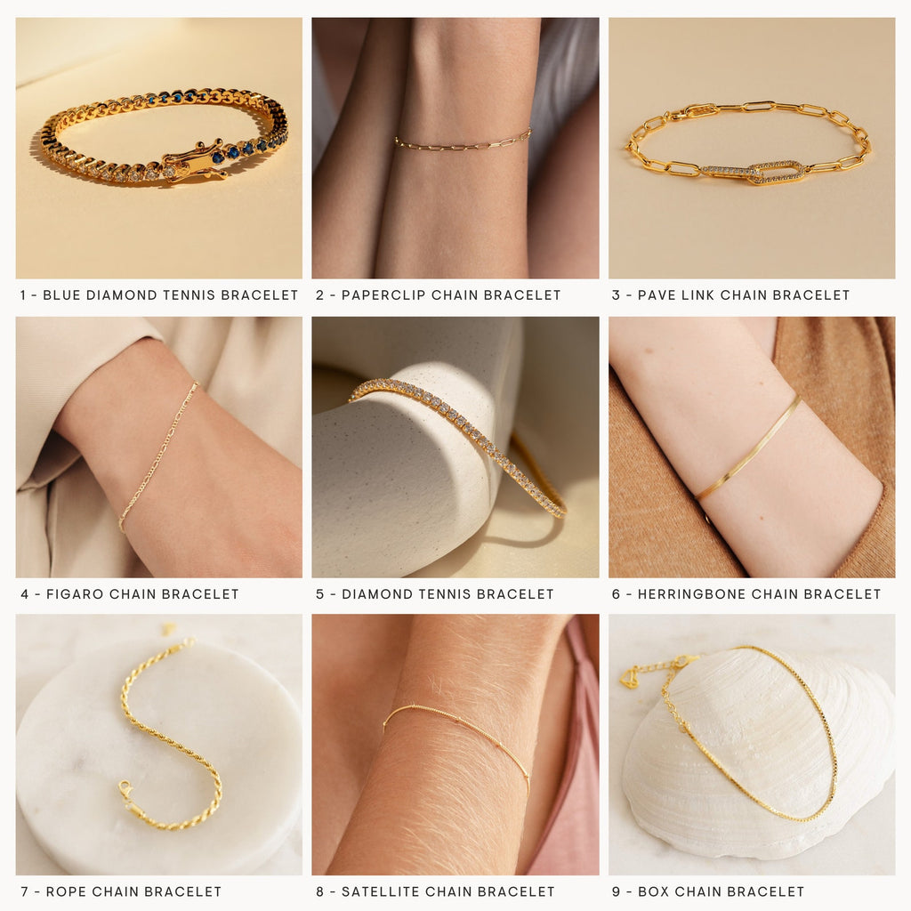 Grid of nine Must-Have Bracelet Chains, each displayed individually with distinct chain styles—including adjustable and paperclip options—and unique clasp designs.