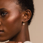 Close-up of a person wearing Opal Cluster Huggies—dainty hoop earrings with dangling opal clusters, an elegant accessory that makes a perfect bridesmaid gift.