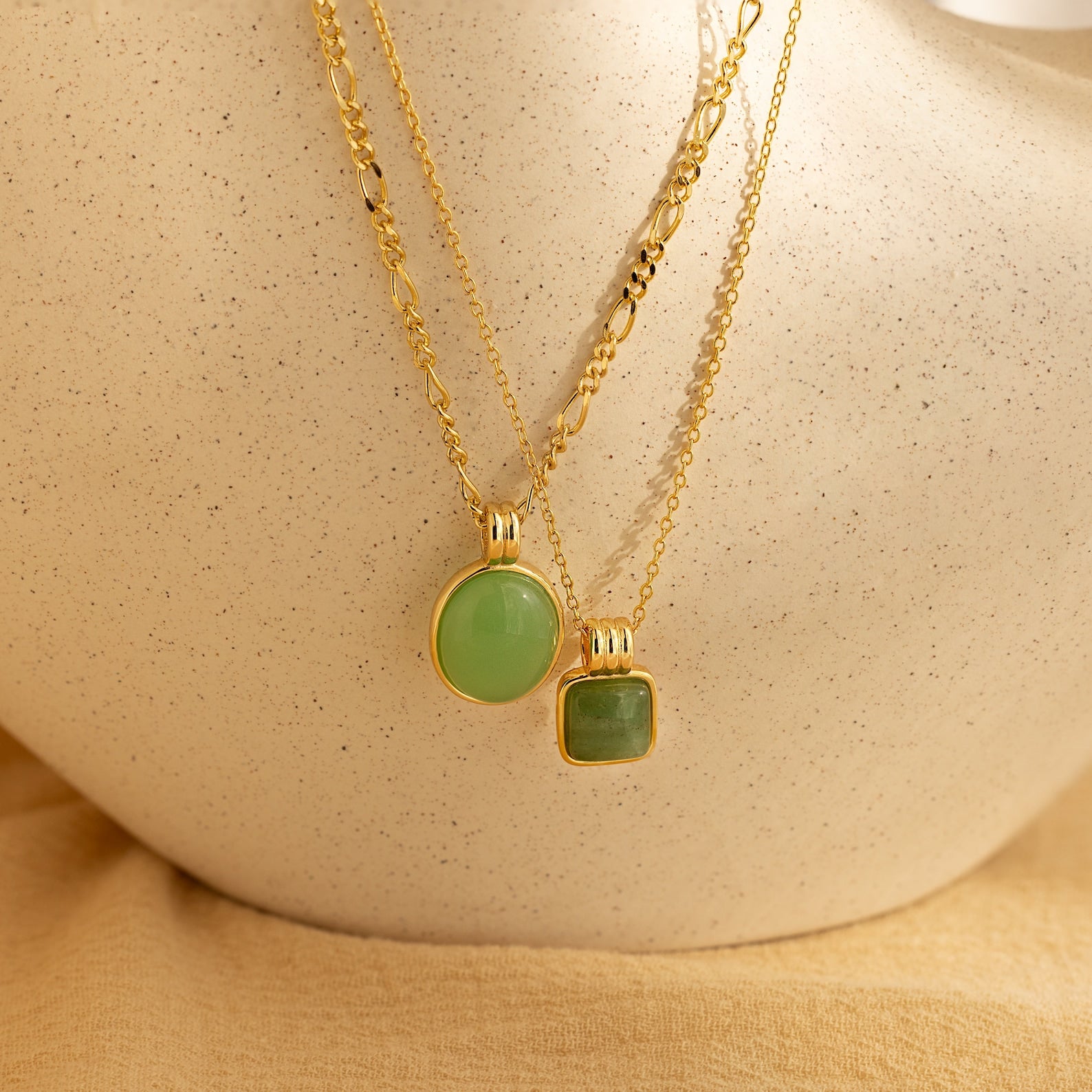 Jade Gemstone Oval Pendant Figaro Chain Necklace Caitlyn