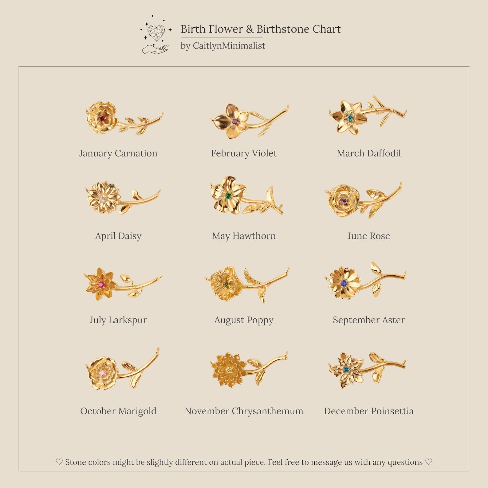 A chart displays the Flower Birthstone Necklace, featuring gold rings adorned with a unique flower for each birth month from January to December—ideal as a custom necklace or personalized charm.