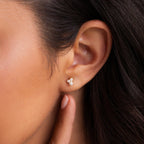 Close-up of a woman's ear wearing Trio Cluster Pearl Studs featuring three elegant pearls—perfect as bridal earrings—as she gently touches her chin.