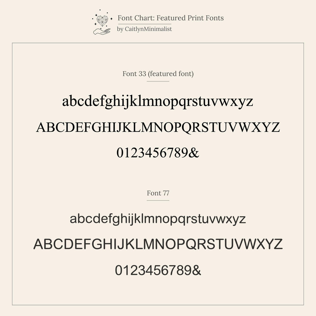 Two serif fonts display uppercase, lowercase letters, and numbers on a beige background—ideal for designing an elegant Pave Gemstone Initial Necklace with personalized gemstone inlay.