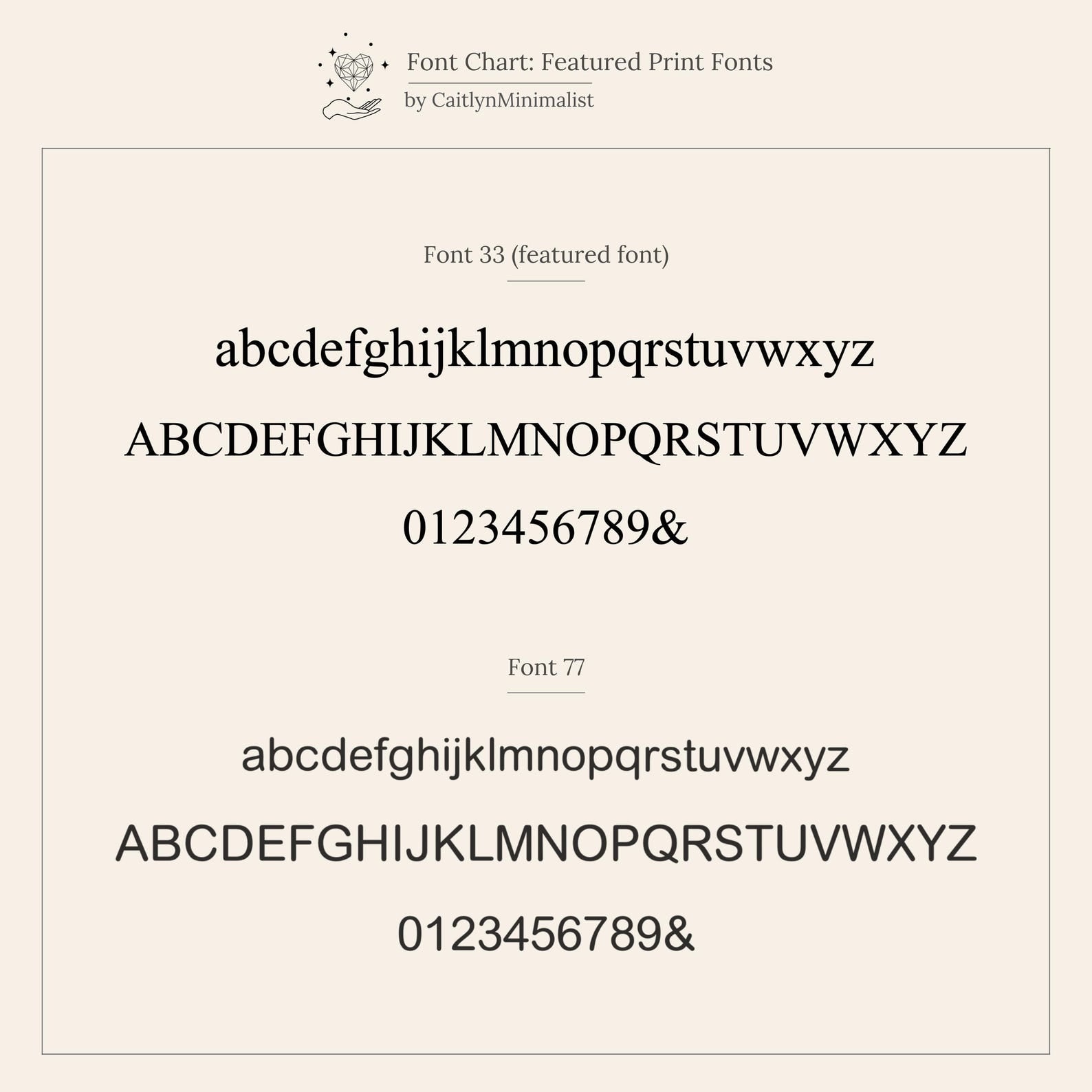 Two serif fonts display uppercase, lowercase letters, and numbers on a beige background—ideal for designing an elegant Pave Gemstone Initial Necklace with personalized gemstone inlay.