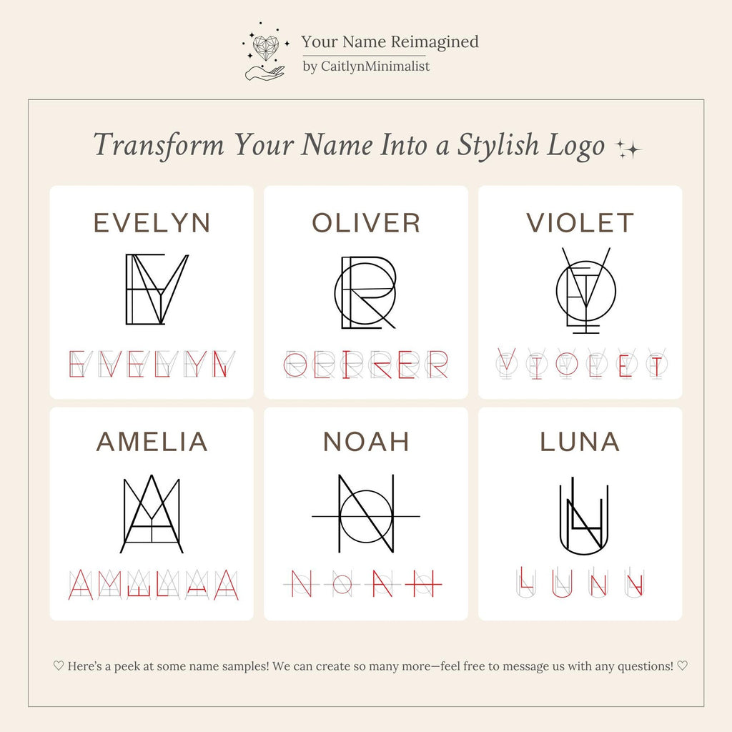 Six square boxes feature stylized logo designs of the names Evelyn, Oliver, Violet, Amelia, Noah, and Luna—ideal as inspirations for a Modern Name Monogram Necklace in personalized jewelry collections.