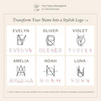 Six square boxes feature stylized logo designs of the names Evelyn, Oliver, Violet, Amelia, Noah, and Luna—ideal as inspirations for a Modern Name Monogram Necklace in personalized jewelry collections.