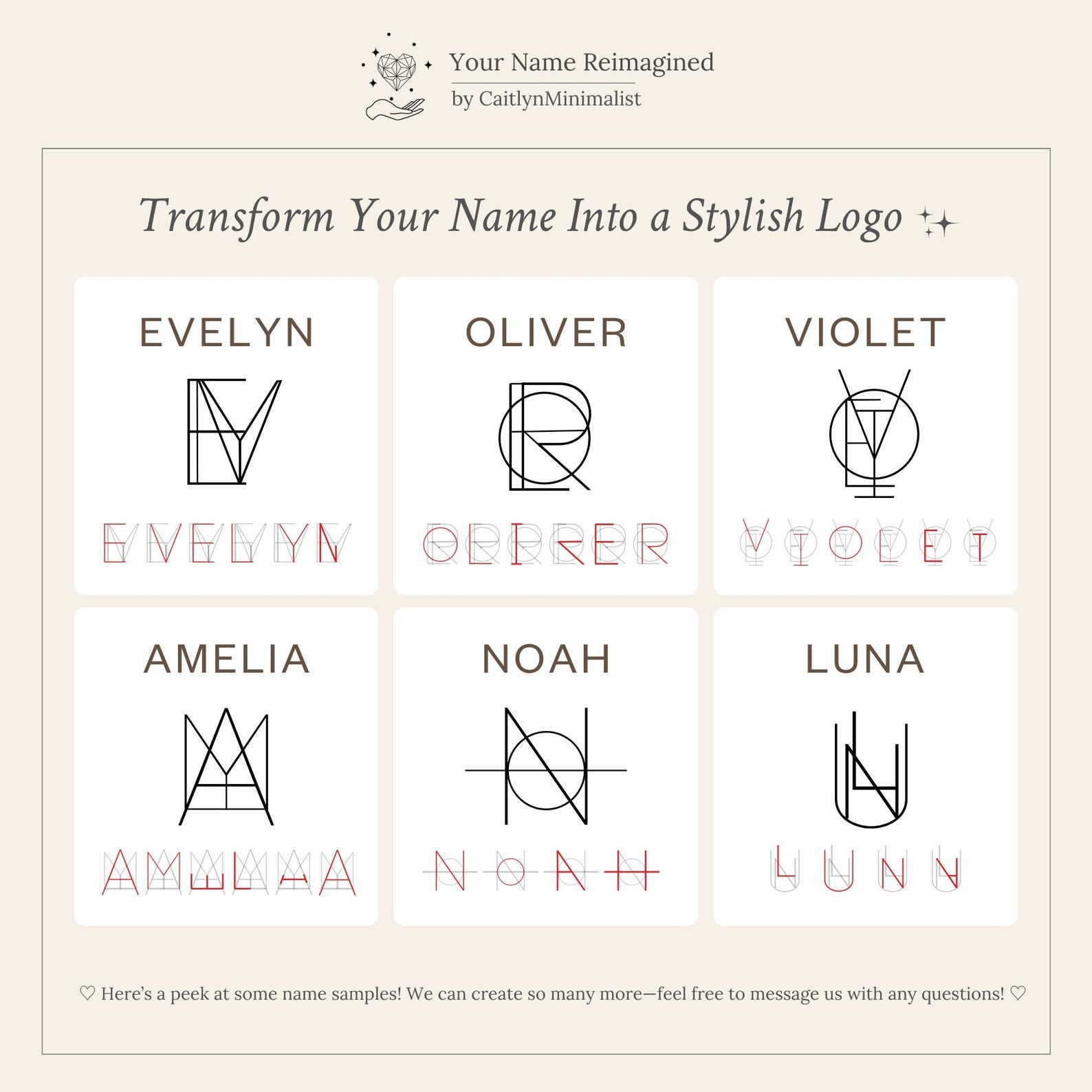 Six square boxes feature stylized logo designs of the names Evelyn, Oliver, Violet, Amelia, Noah, and Luna—ideal as inspirations for a Modern Name Monogram Necklace in personalized jewelry collections.